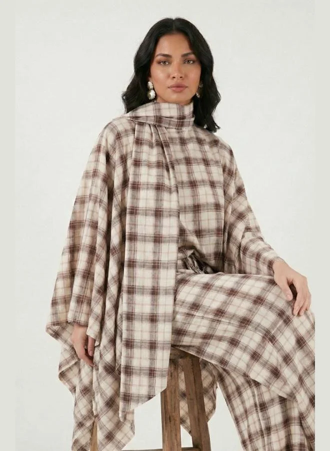 ليلا Lela Plaid Cotton Oversize Fit Scarf Collar Poncho for Women 6925472